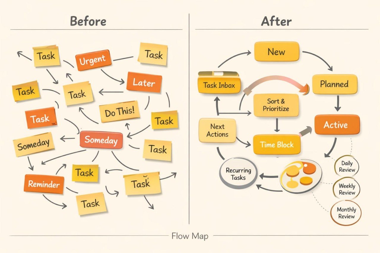 A flow map comparison labeled 'Before' and 'After' showing a daily planning process. The left side depicts a chaotic, cluttered arrangement of sticky notes with labels like Task, Urgent, Later, and Someday.