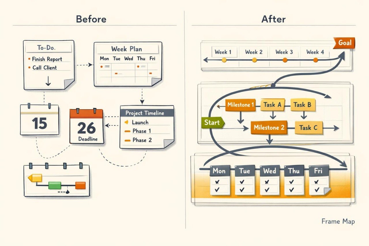 A before-and-after productivity diagram on a light beige background. The left side labeled 'Before' shows loose planner pages, a calendar, a project timeline, and a to-do list.