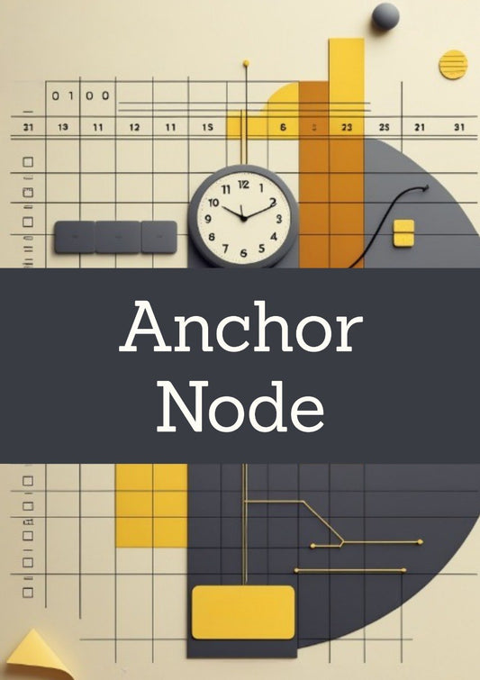A digital graphic with the words 'Anchor Node' in large white text across a dark gray horizontal band. The background features abstract geometric shapes, a clock, grid lines, and yellow and dark gray blocks, suggesting a digital service, software, or concept graphic.