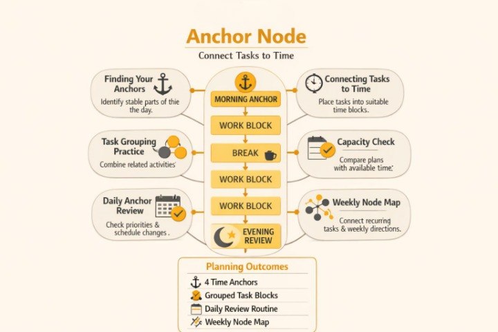 An infographic titled 'Anchor Node' explains how to connect tasks to time, featuring a central morning, work, break, and evening review node with surrounding tips for finding anchors, task grouping, daily review, and weekly mapping on a beige background.