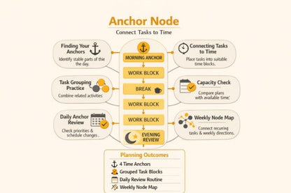 An infographic titled 'Anchor Node' explains how to connect tasks to time, featuring a central morning, work, break, and evening review node with surrounding tips for finding anchors, task grouping, daily review, and weekly mapping on a beige background.