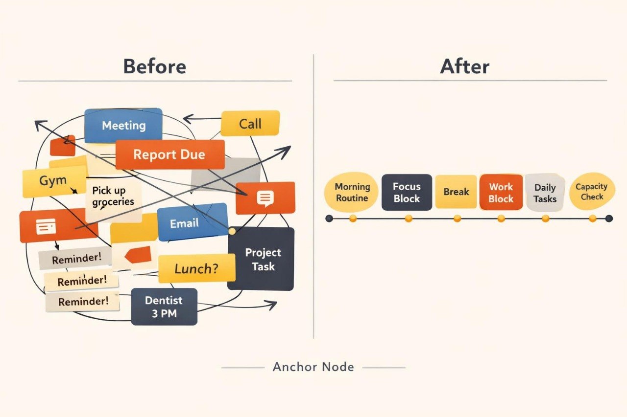 A comparison graphic labeled 'Before' and 'After' showing a productivity workflow diagram. The left 'Before' side features a cluttered web of colored boxes and arrows with tasks like meeting, gym, email, and report due.