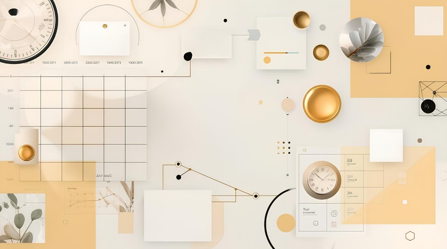 A styled flat-lay mockup of a minimalist digital planner or dashboard template, featuring cream, beige, and gold geometric shapes, clock illustrations, and text boxes.