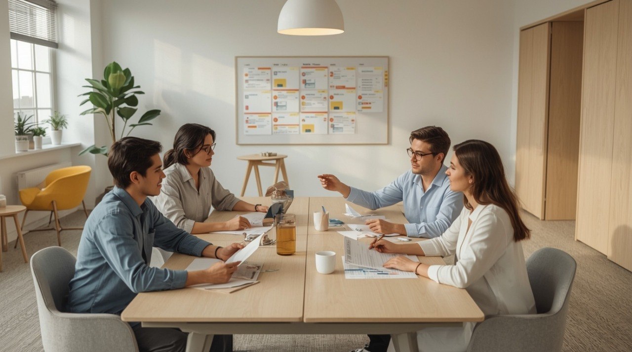 Four people collaborating around a light wood table in a bright, modern office space with natural light, a whiteboard on the wall, and minimalist furniture.