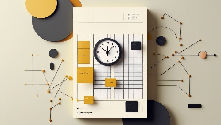 A vertical poster or art print featuring a minimalist clock, grid lines, and geometric shapes in cream, yellow, black, and gray, styled on a beige background with abstract circular and line art elements.