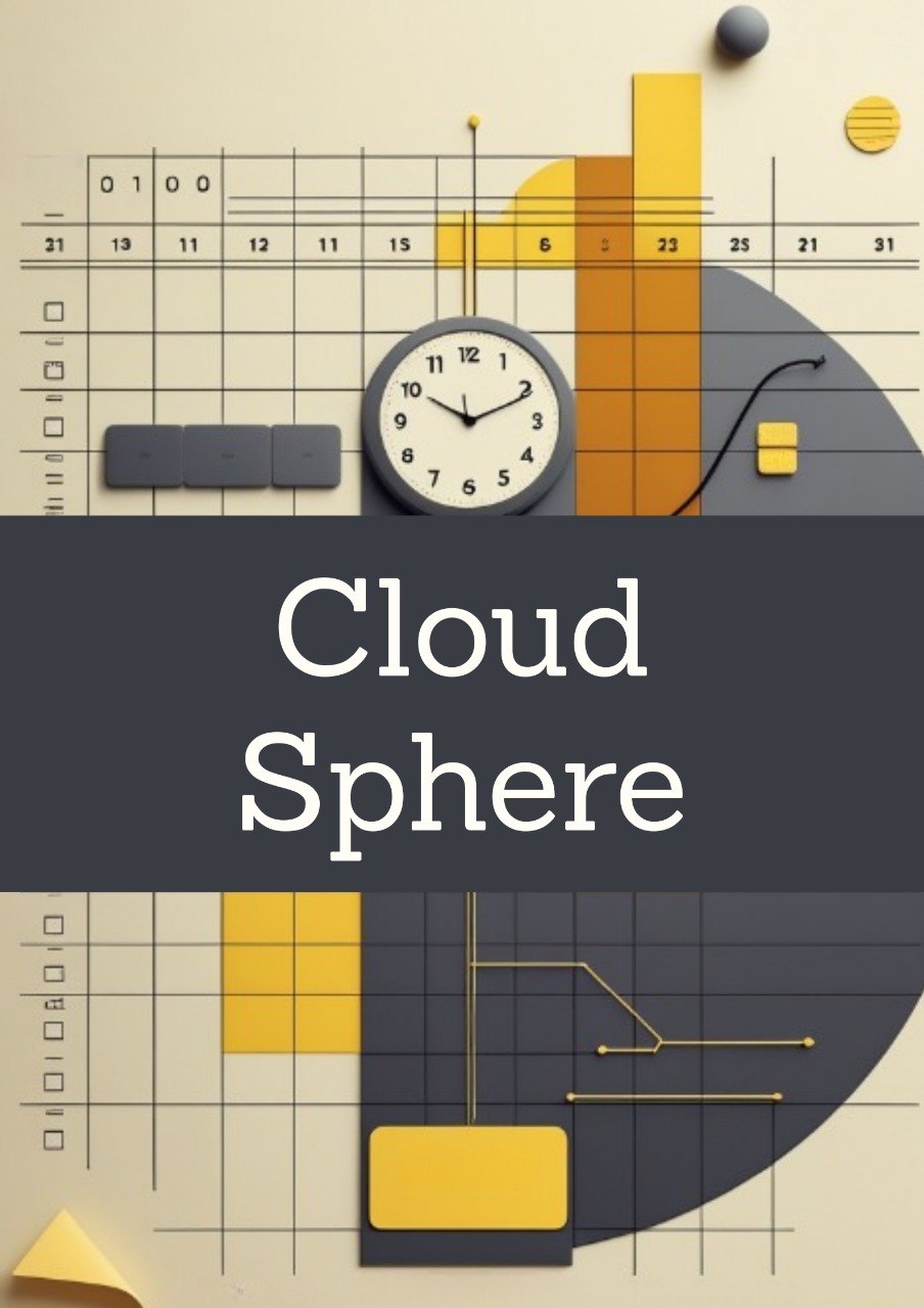 A digital graphic with the words 'Cloud Sphere' in white serif text on a dark gray horizontal band, set over an abstract geometric design in cream, yellow, and dark gray.