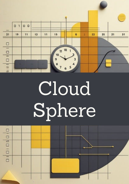 A digital graphic with the words 'Cloud Sphere' in white serif text on a dark gray horizontal band, set over an abstract geometric design in cream, yellow, and dark gray.
