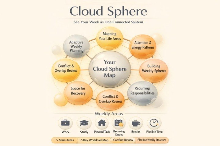 A digital graphic titled 'Cloud Sphere' showing a weekly planning map with connected circular nodes such as Adaptive Weekly Planning, Mapping Your Life Areas, Attention & Energy Patterns, Building Weekly Spheres, Recurring Responsibilities, Space for Recovery, and Conflict & Overlap Review. The design uses a cream background with yellow, orange, and gray circles.