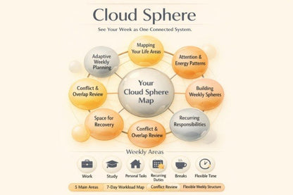 A digital graphic titled 'Cloud Sphere' showing a weekly planning map with connected circular nodes such as Adaptive Weekly Planning, Mapping Your Life Areas, Attention & Energy Patterns, Building Weekly Spheres, Recurring Responsibilities, Space for Recovery, and Conflict & Overlap Review. The design uses a cream background with yellow, orange, and gray circles.