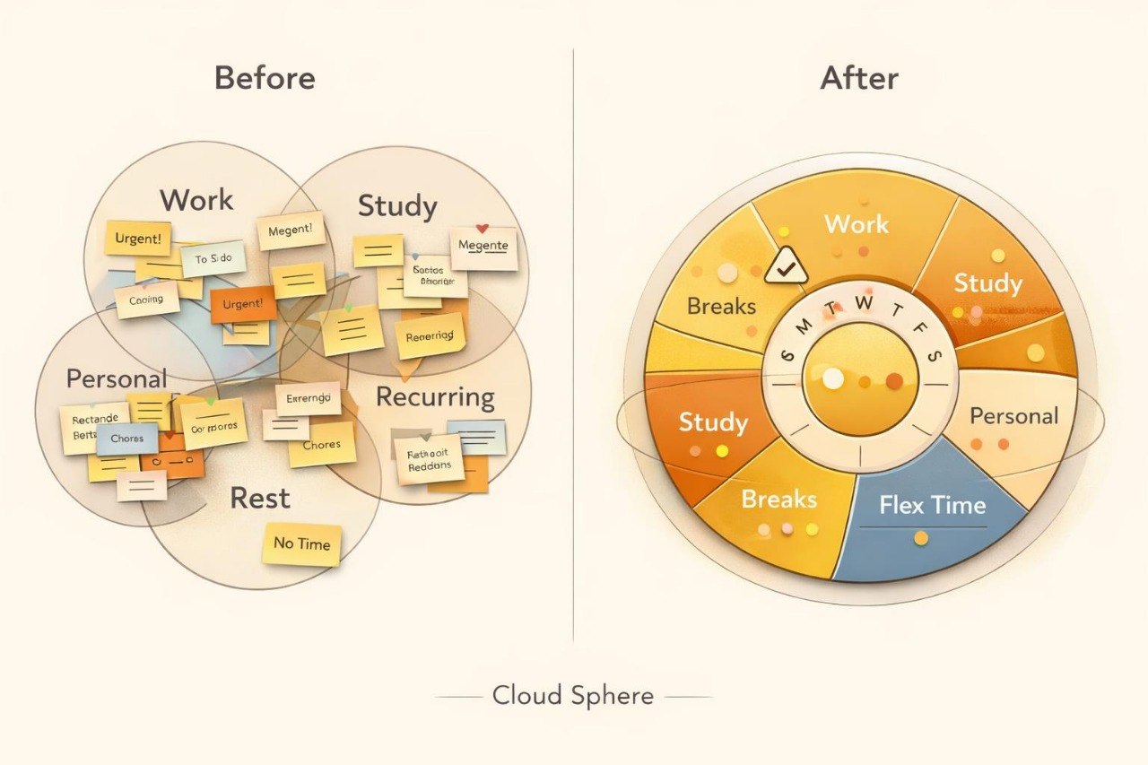 A before-and-after productivity diagram labeled 'Before' on the left and 'After' on the right, showing a circular workflow with labeled sections such as Work, Study, Personal, and Rest. The after view is more structured and colorful, with a central ring reading 'G W T F S' and the brand name 'Cloud Sphere' at the bottom.
