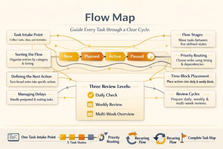 A digital flow map infographic detailing a task management workflow with states like New, Planned, Active, and Paused, along with review levels and recurring flows, presented on a light beige background.
