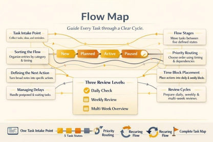 A digital flow map infographic detailing a task management workflow with states like New, Planned, Active, and Paused, along with review levels and recurring flows, presented on a light beige background.