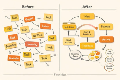 A flow map comparison labeled 'Before' and 'After' showing a daily planning process. The left side depicts a chaotic, cluttered arrangement of sticky notes with labels like Task, Urgent, Later, and Someday.