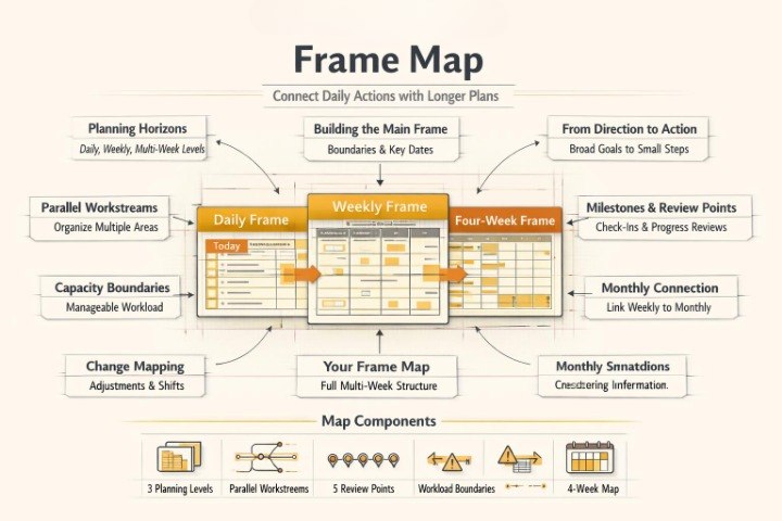 A framed infographic titled 'Frame Map' explaining project management planning frameworks, with labeled boxes around a central daily, weekly, and four-week frame diagram on a light beige background.