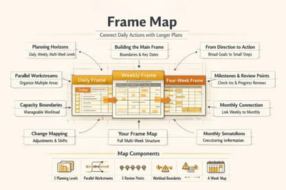 A framed infographic titled 'Frame Map' explaining project management planning frameworks, with labeled boxes around a central daily, weekly, and four-week frame diagram on a light beige background.