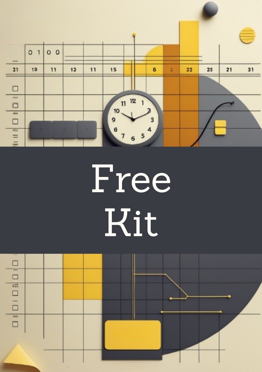 A digital graphic with the words 'Free Kit' in white text on a dark gray horizontal band, overlaid on an abstract geometric illustration featuring a clock, gridlines, and yellow and gray blocks.