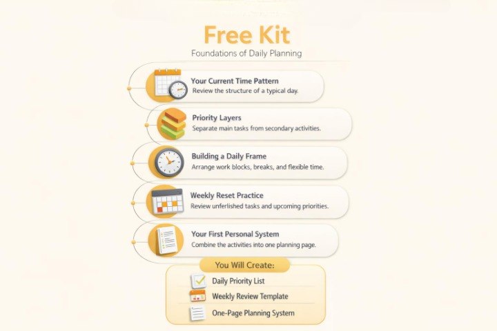 An infographic titled 'Free Kit' outlining the 'Foundations of Daily Planning' in a step-by-step format, featuring illustrated icons and text blocks on a light cream background.