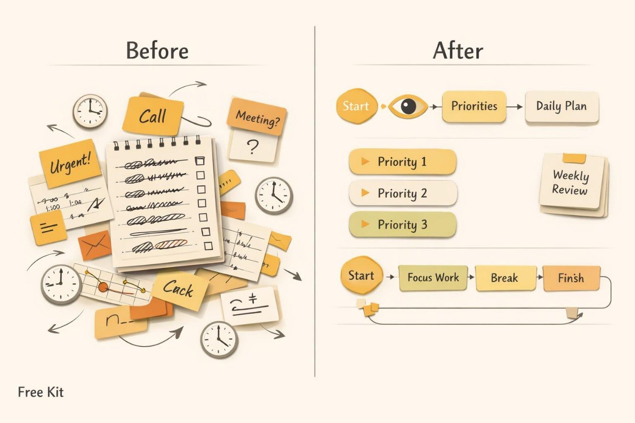 A digital graphic showing a 'Before' and 'After' productivity comparison. The left 'Before' side features a chaotic arrangement of illustrated sticky notes, clocks, and papers.