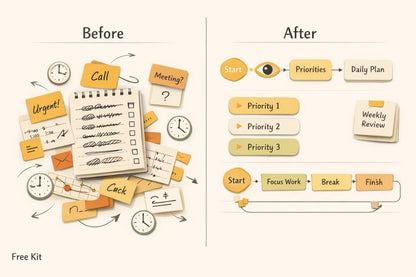 A digital graphic showing a 'Before' and 'After' productivity comparison. The left 'Before' side features a chaotic arrangement of illustrated sticky notes, clocks, and papers.