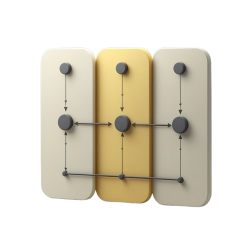 Three minimalist vertical panels with rounded corners, shown on a white background. The center panel is mustard yellow, while the left and right panels are warm off-white.
