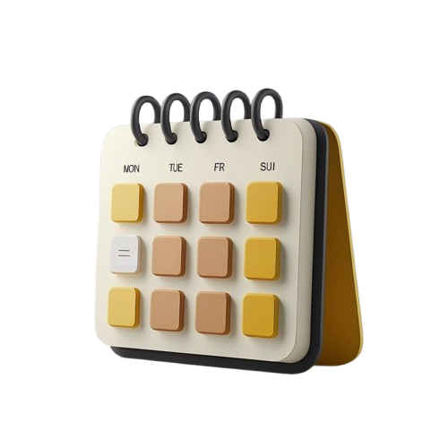 A minimalist desk calendar with a cream-colored page, mustard yellow and tan square buttons, black spiral rings, and a dark gray base, shown on a plain white background.