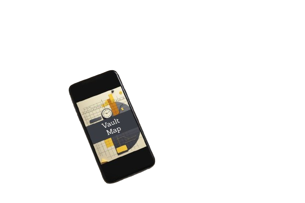 A black smartphone shown at an angle on a plain white background, displaying a digital map application interface titled 'Vault Map'.