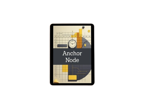 A tablet device centered on a plain white background, displaying the Anchor Node logo or cover art on its screen. The screen shows a dark navy panel with the words 'Anchor Node' over a beige and yellow geometric design.