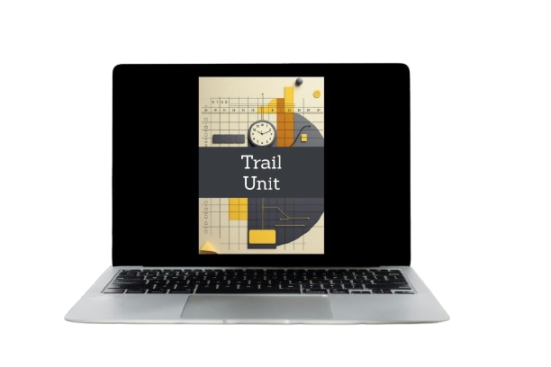 A silver laptop on a white background, displaying a digital cover for a 'Trail Unit' lesson or guide with a black screen background and a colorful graphic featuring yellow, beige, and dark gray elements.