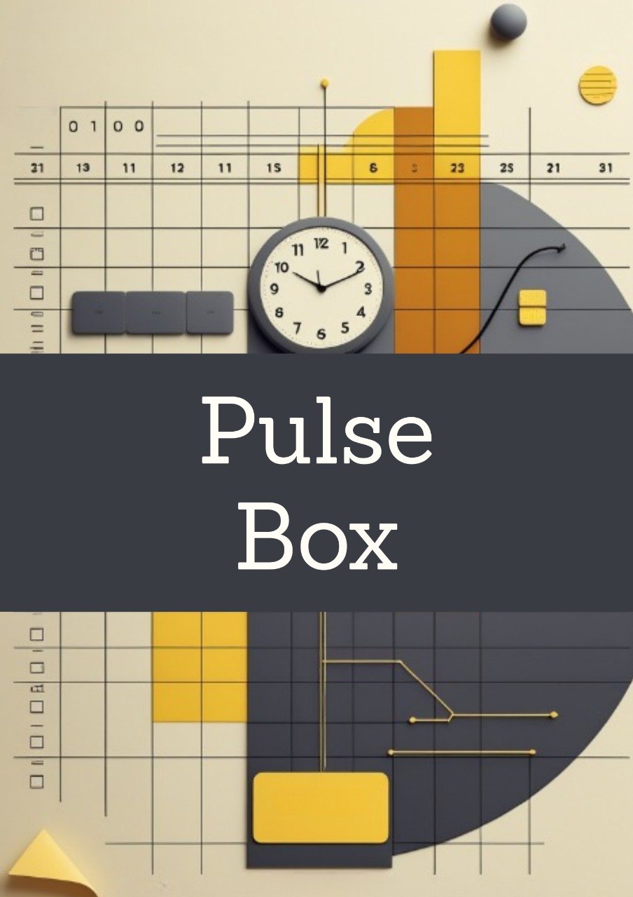 A stylized graphic with the words 'Pulse Box' in large white text across a dark gray horizontal band. The design includes a clock, bar charts, grid lines, and geometric shapes in yellow, orange, gray, and cream, suggesting a digital product, service, or promotional graphic rather than a physical retail product.