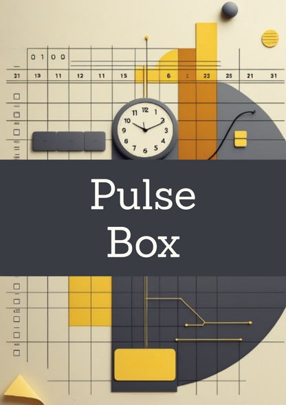 A stylized graphic with the words 'Pulse Box' in large white text across a dark gray horizontal band. The design includes a clock, bar charts, grid lines, and geometric shapes in yellow, orange, gray, and cream, suggesting a digital product, service, or promotional graphic rather than a physical retail product.