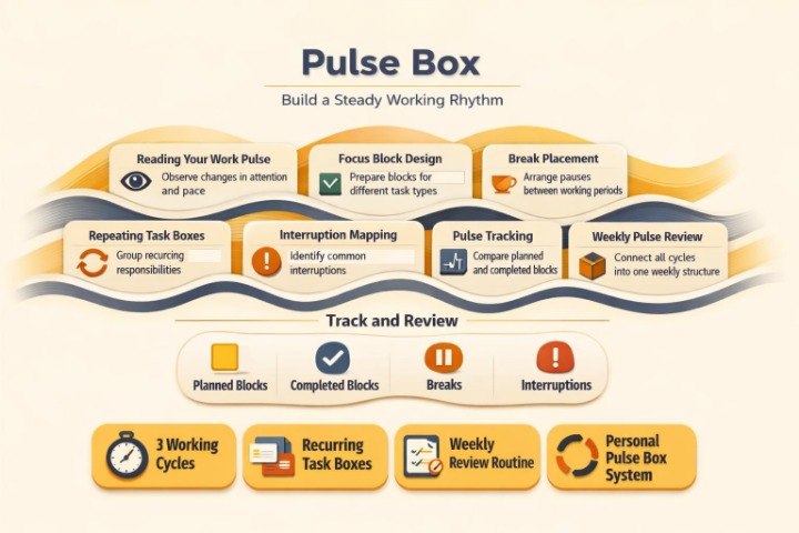 An infographic titled 'Pulse Box' with sections for building a steady working rhythm, including reading work pulse, focus block design, break placement, repeating task boxes, interruption mapping, pulse tracking, weekly pulse review, and track and review. The design uses beige, yellow, orange, and blue-gray shapes with icons on a light cream background.