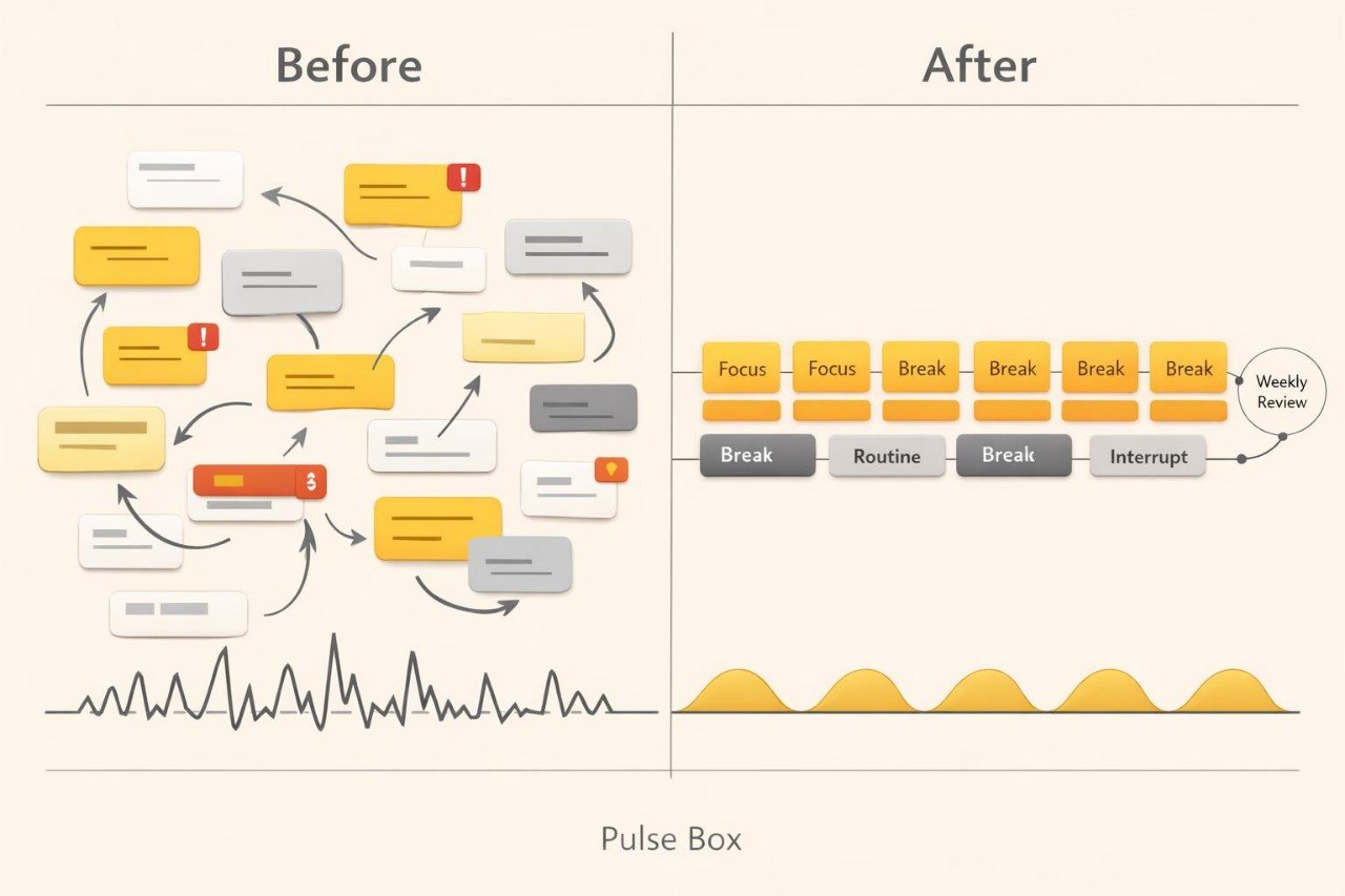 A before-and-after comparison diagram labeled 'Before' and 'After' with illustrated notification bubbles, arrows, a heartbeat line, and a pulse box graphic on a light beige background.