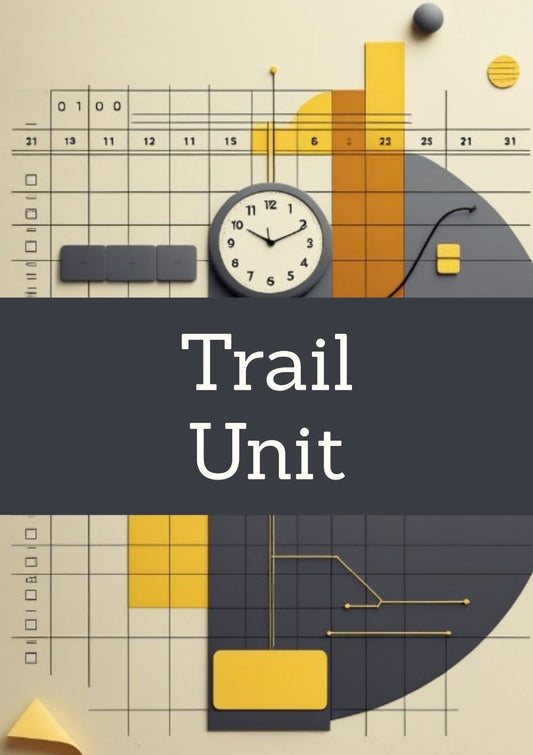 A digital graphic with the text 'Trail Unit' in white on a dark gray horizontal band, set against a beige background with abstract geometric shapes, a clock, and grid lines.