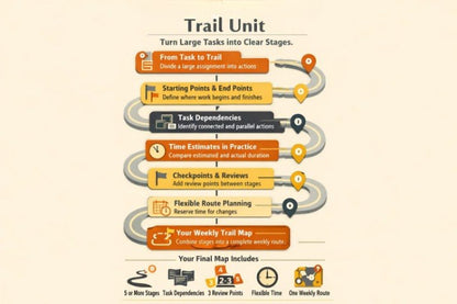 An infographic titled 'Trail Unit' explains how to break large tasks into clear stages, shown as a winding trail with labeled steps such as From Task to Trail, Starting Points & End Points, Task Dependencies, Time Estimates in Practice, Checkpoints & Reviews, Flexible Route Planning, and Your Weekly Trail Map. It appears to be an explanatory diagram rather than a product photo.
