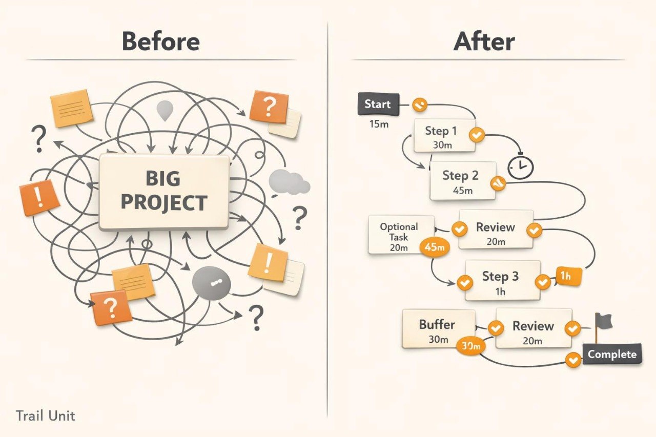 A before-and-after infographic on project management, with the left side labeled 'Before' showing a messy tangled diagram of a 'BIG PROJECT,' and the right side labeled 'After' showing a clean linear workflow from Start to Complete.