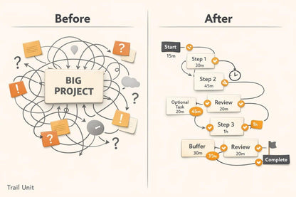 A before-and-after infographic on project management, with the left side labeled 'Before' showing a messy tangled diagram of a 'BIG PROJECT,' and the right side labeled 'After' showing a clean linear workflow from Start to Complete.