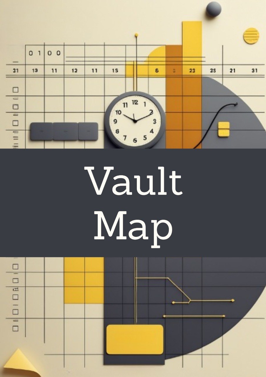 A stylized graphic titled 'Vault Map' with a clock, bar charts, grid lines, and abstract geometric shapes in beige, gray, yellow, and orange.