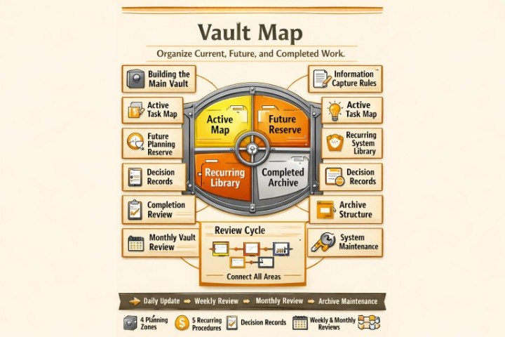 An infographic-style diagram titled 'Vault Map' showing a central circular labeled area with sections for Active Map, Future Reserve, Recurring Library, and Completed Archive, surrounded by connected boxes for tasks, reviews, and archive maintenance on a beige background.