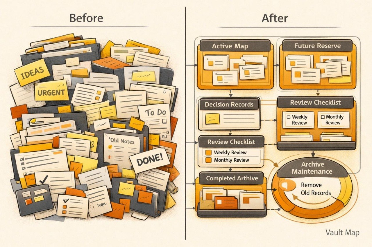 A before-and-after comparison illustration for a vault map or organizational system. The left side labeled 'Before' shows a messy pile of papers, files, sticky notes, and task labels.