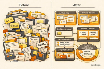 A before-and-after comparison illustration for a vault map or organizational system. The left side labeled 'Before' shows a messy pile of papers, files, sticky notes, and task labels.